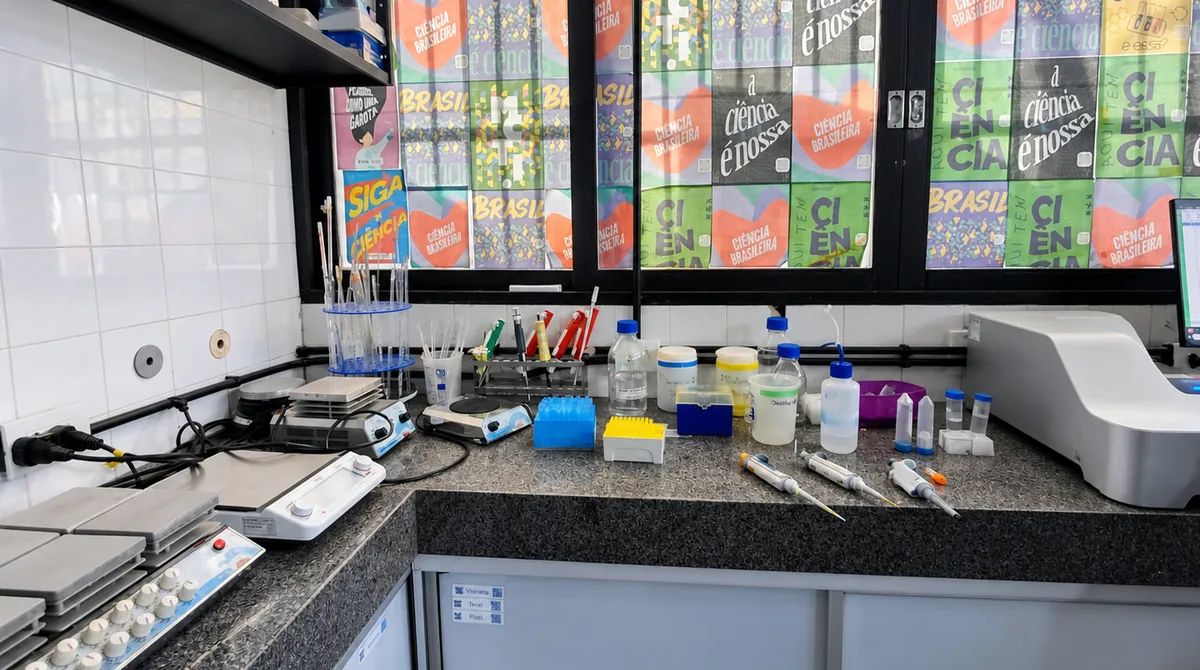 Bancada preparada com pipetas e materiais para atividades experimentais
